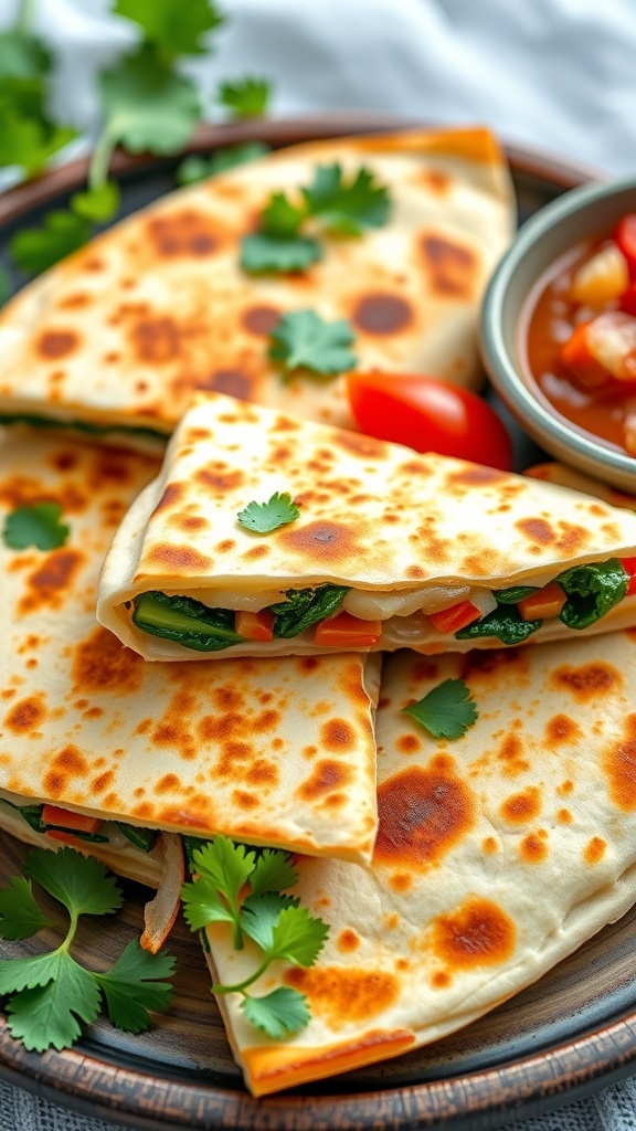 Vegetable quesadilla with bell peppers and spinach, served with salsa and lime on a rustic plate.